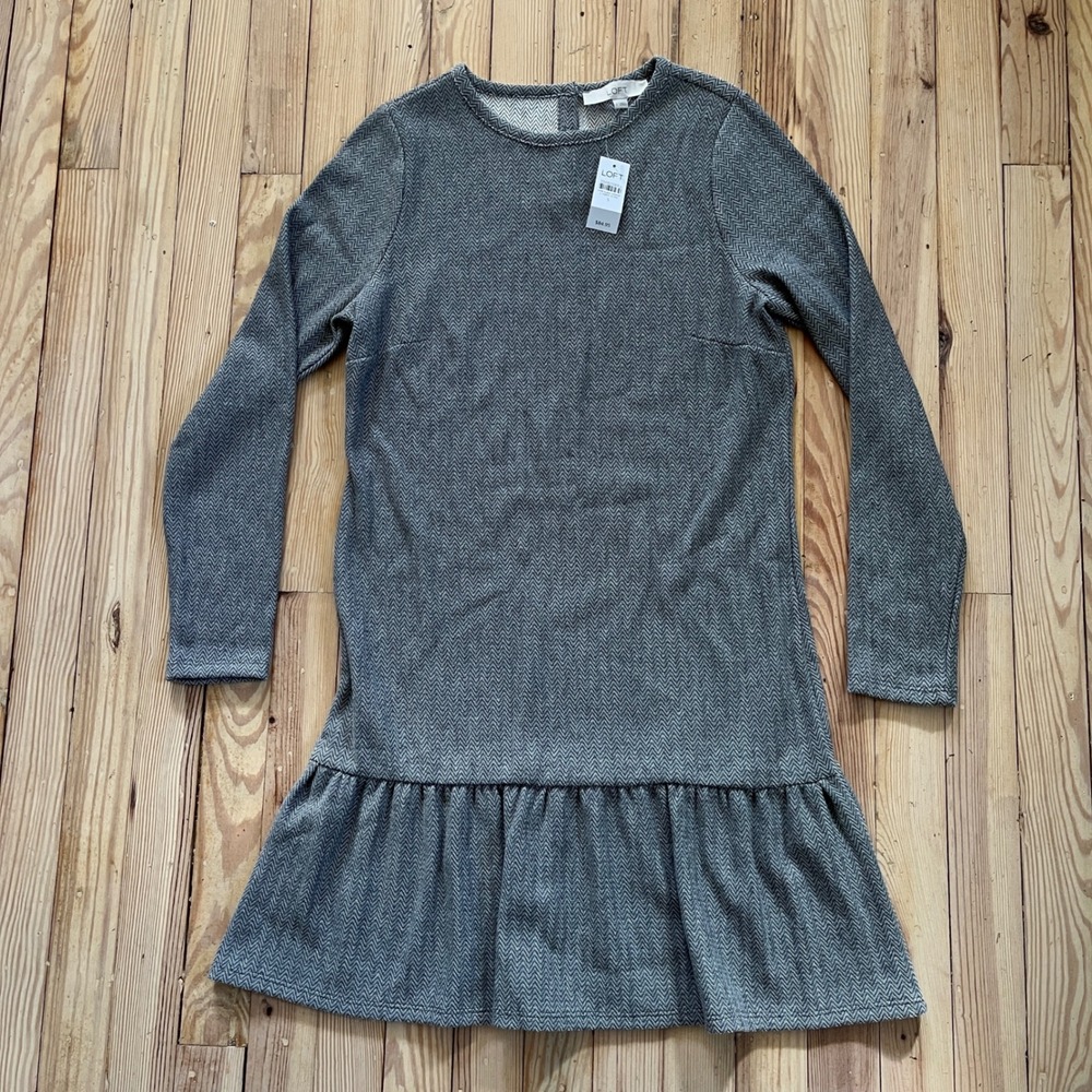 NWT LOFT Women's Gray Herringbone‎ Pattern Long Sleeve Drop Waist Dress Size S